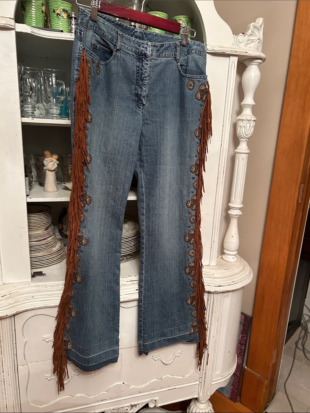 up cycled Vintage Embroidered Jeans with fringe